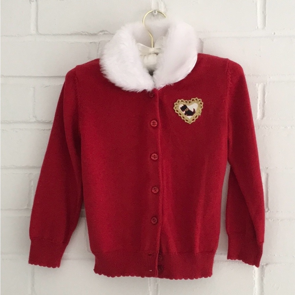 Toddler Girls Size 3T Whiteb Faux Fur Collar Red Scotty Dog Valentine Cardigan